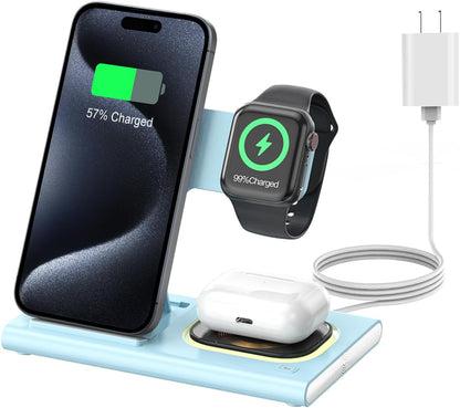 3 in 1 Foldable Wireless Fast Charging Station for Apple Multiple Devices | iPhone Charging Station for iPhone 17, Travel iWatch Charger Stand, Light Nightstand Charging Dock for Apple Watch/Airpods