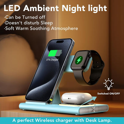 3 in 1 Foldable Wireless Fast Charging Station for Apple Multiple Devices | iPhone Charging Station for iPhone 17, Travel iWatch Charger Stand, Light Nightstand Charging Dock for Apple Watch/Airpods