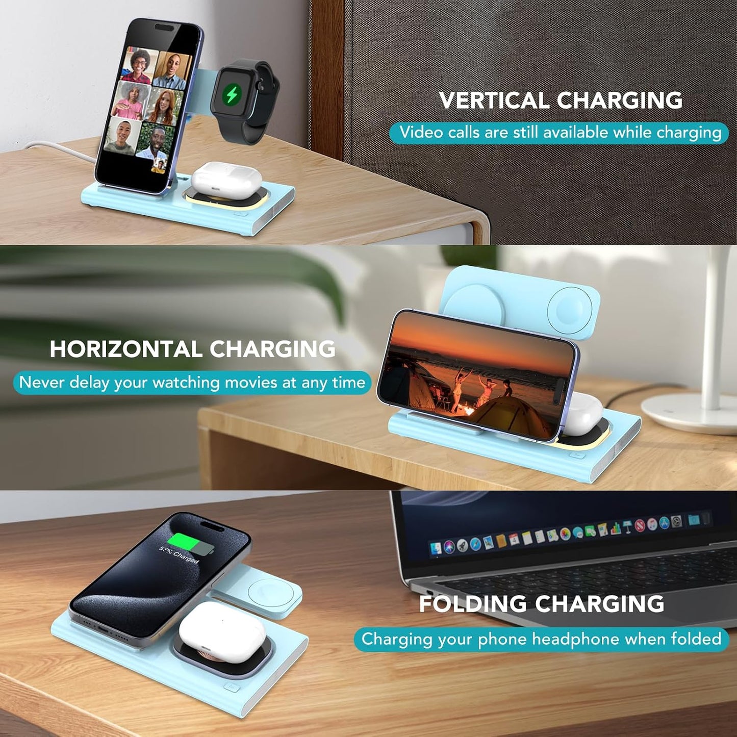 3 in 1 Foldable Wireless Fast Charging Station for Apple Multiple Devices | iPhone Charging Station for iPhone 17, Travel iWatch Charger Stand, Light Nightstand Charging Dock for Apple Watch/Airpods