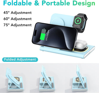 3 in 1 Foldable Wireless Fast Charging Station for Apple Multiple Devices | iPhone Charging Station for iPhone 17, Travel iWatch Charger Stand, Light Nightstand Charging Dock for Apple Watch/Airpods