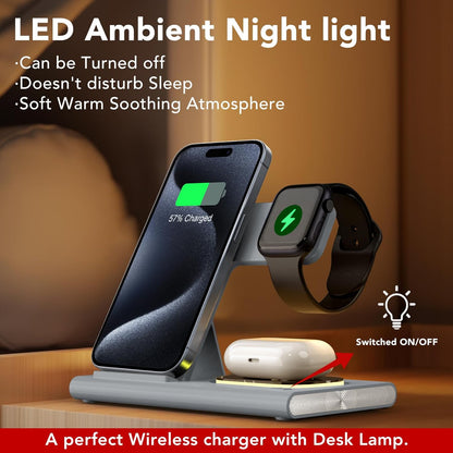 3 in 1 Foldable Wireless Fast Charging Station for Apple Multiple Devices | iPhone Charging Station for iPhone 17, Travel iWatch Charger Stand, Light Nightstand Charging Dock for Apple Watch/Airpods