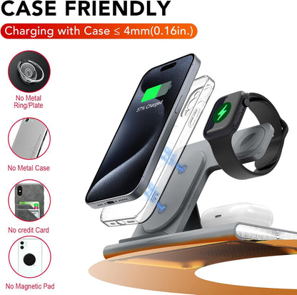 3 in 1 Foldable Wireless Fast Charging Station for Apple Multiple Devices | iPhone Charging Station for iPhone 17, Travel iWatch Charger Stand, Light Nightstand Charging Dock for Apple Watch/Airpods