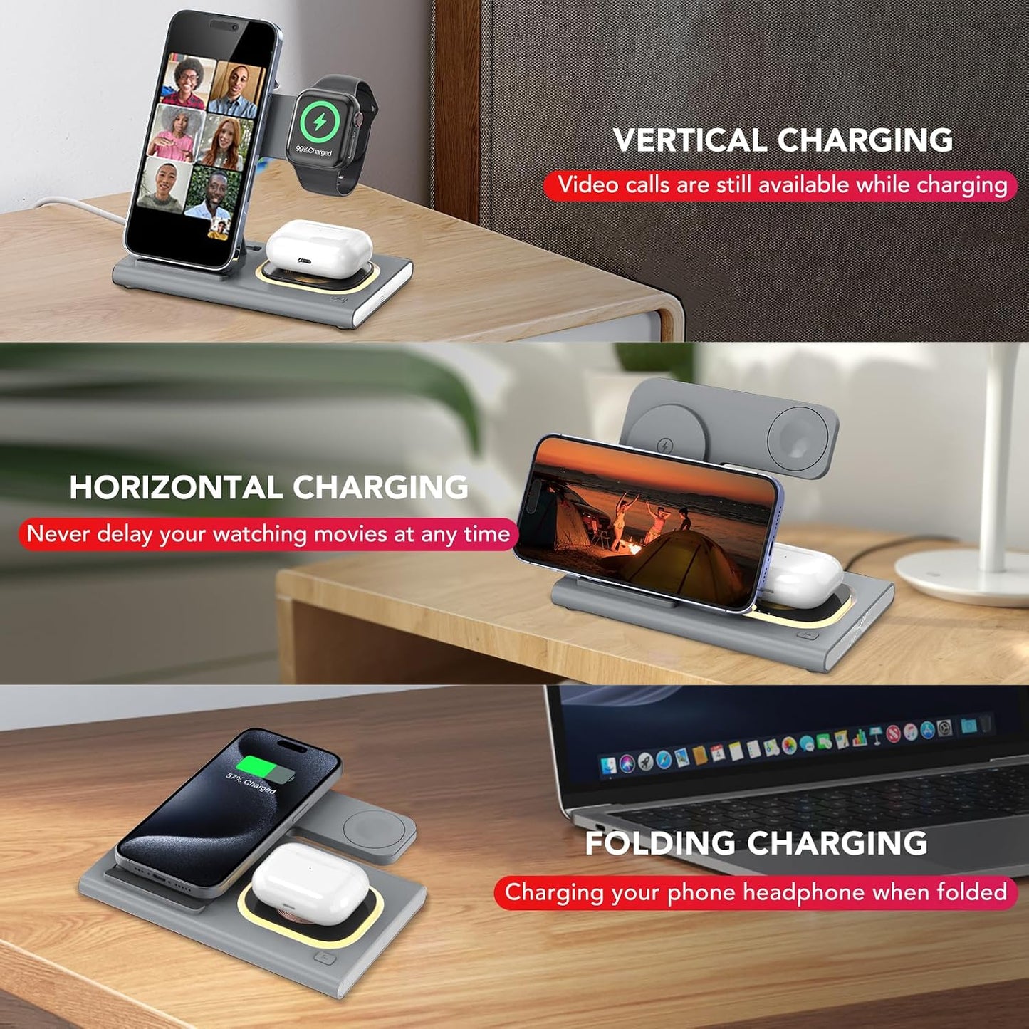 3 in 1 Foldable Wireless Fast Charging Station for Apple Multiple Devices | iPhone Charging Station for iPhone 17, Travel iWatch Charger Stand, Light Nightstand Charging Dock for Apple Watch/Airpods