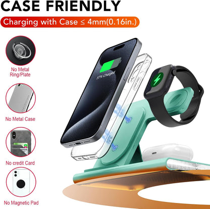 3 in 1 Foldable Wireless Fast Charging Station for Apple Multiple Devices | iPhone Charging Station for iPhone 17, Travel iWatch Charger Stand, Light Nightstand Charging Dock for Apple Watch/Airpods