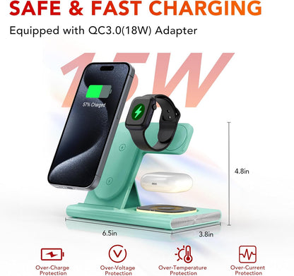 3 in 1 Foldable Wireless Fast Charging Station for Apple Multiple Devices | iPhone Charging Station for iPhone 17, Travel iWatch Charger Stand, Light Nightstand Charging Dock for Apple Watch/Airpods