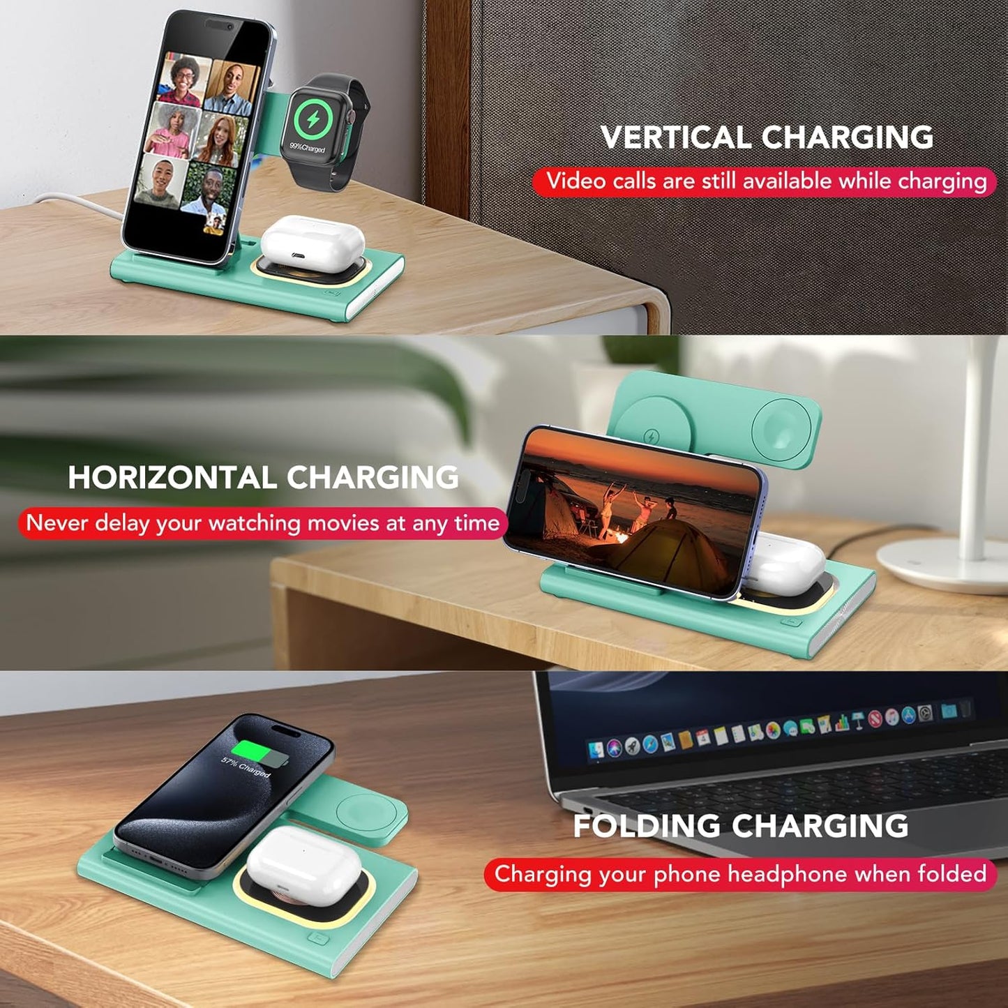 3 in 1 Foldable Wireless Fast Charging Station for Apple Multiple Devices | iPhone Charging Station for iPhone 17, Travel iWatch Charger Stand, Light Nightstand Charging Dock for Apple Watch/Airpods