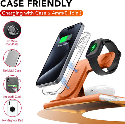 3 in 1 Foldable Wireless Fast Charging Station for Apple Multiple Devices | iPhone Charging Station for iPhone 17, Travel iWatch Charger Stand, Light Nightstand Charging Dock for Apple Watch/Airpods