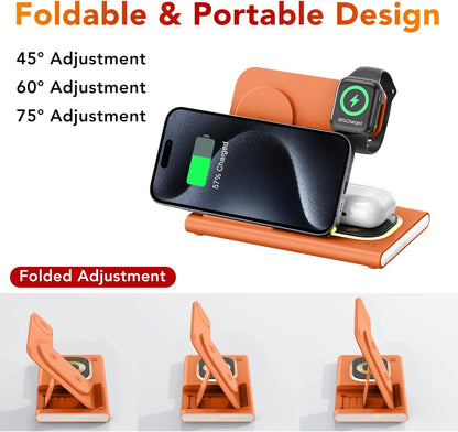 3 in 1 Foldable Wireless Fast Charging Station for Apple Multiple Devices | iPhone Charging Station for iPhone 17, Travel iWatch Charger Stand, Light Nightstand Charging Dock for Apple Watch/Airpods
