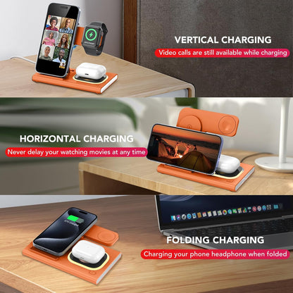 3 in 1 Foldable Wireless Fast Charging Station for Apple Multiple Devices | iPhone Charging Station for iPhone 17, Travel iWatch Charger Stand, Light Nightstand Charging Dock for Apple Watch/Airpods