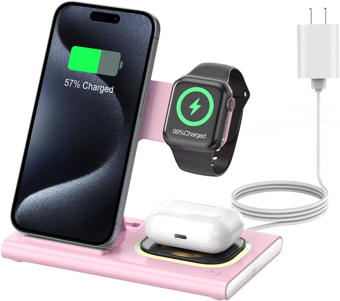 3 in 1 Foldable Wireless Fast Charging Station for Apple Multiple Devices | iPhone Charging Station for iPhone 17, Travel iWatch Charger Stand, Light Nightstand Charging Dock for Apple Watch/Airpods