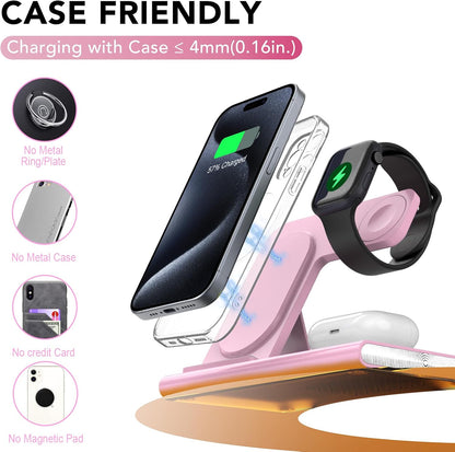 3 in 1 Foldable Wireless Fast Charging Station for Apple Multiple Devices | iPhone Charging Station for iPhone 17, Travel iWatch Charger Stand, Light Nightstand Charging Dock for Apple Watch/Airpods