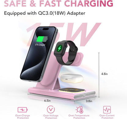 3 in 1 Foldable Wireless Fast Charging Station for Apple Multiple Devices | iPhone Charging Station for iPhone 17, Travel iWatch Charger Stand, Light Nightstand Charging Dock for Apple Watch/Airpods