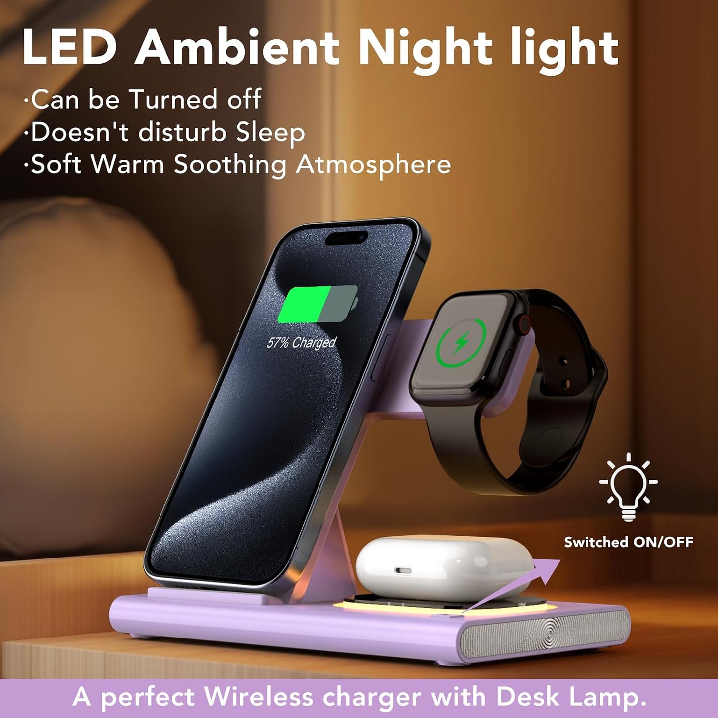 3 in 1 Foldable Wireless Fast Charging Station for Apple Multiple Devices | iPhone Charging Station for iPhone 17, Travel iWatch Charger Stand, Light Nightstand Charging Dock for Apple Watch/Airpods