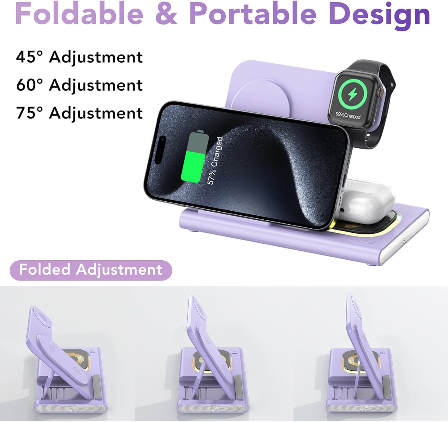 3 in 1 Foldable Wireless Fast Charging Station for Apple Multiple Devices | iPhone Charging Station for iPhone 17, Travel iWatch Charger Stand, Light Nightstand Charging Dock for Apple Watch/Airpods