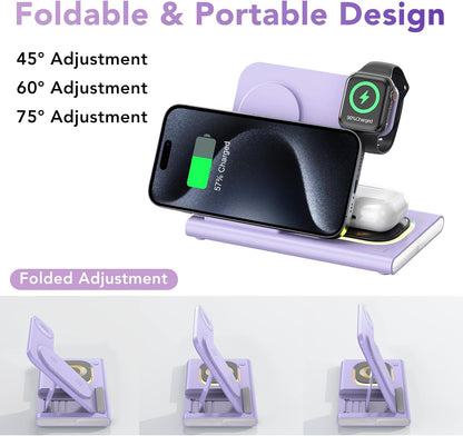 3 in 1 Foldable Wireless Fast Charging Station for Apple Multiple Devices | iPhone Charging Station for iPhone 17, Travel iWatch Charger Stand, Light Nightstand Charging Dock for Apple Watch/Airpods