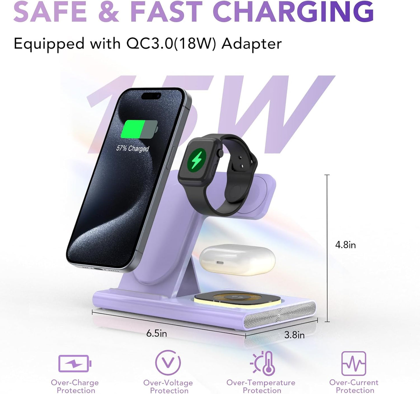 3 in 1 Foldable Wireless Fast Charging Station for Apple Multiple Devices | iPhone Charging Station for iPhone 17, Travel iWatch Charger Stand, Light Nightstand Charging Dock for Apple Watch/Airpods