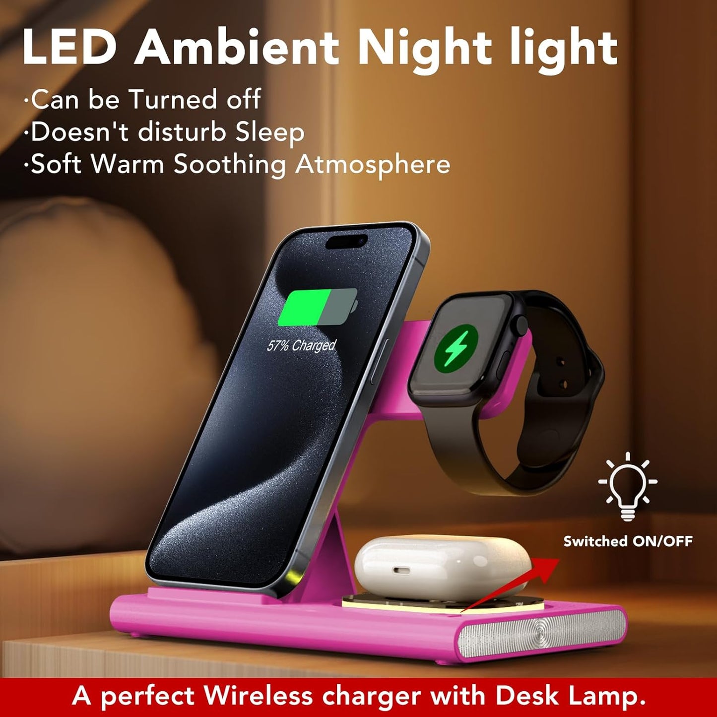 3 in 1 Foldable Wireless Fast Charging Station for Apple Multiple Devices | iPhone Charging Station for iPhone 17, Travel iWatch Charger Stand, Light Nightstand Charging Dock for Apple Watch/Airpods