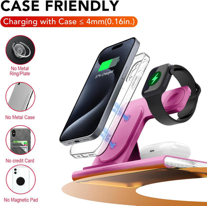 3 in 1 Foldable Wireless Fast Charging Station for Apple Multiple Devices | iPhone Charging Station for iPhone 17, Travel iWatch Charger Stand, Light Nightstand Charging Dock for Apple Watch/Airpods