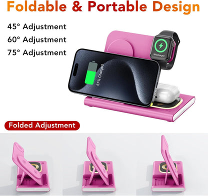 3 in 1 Foldable Wireless Fast Charging Station for Apple Multiple Devices | iPhone Charging Station for iPhone 17, Travel iWatch Charger Stand, Light Nightstand Charging Dock for Apple Watch/Airpods