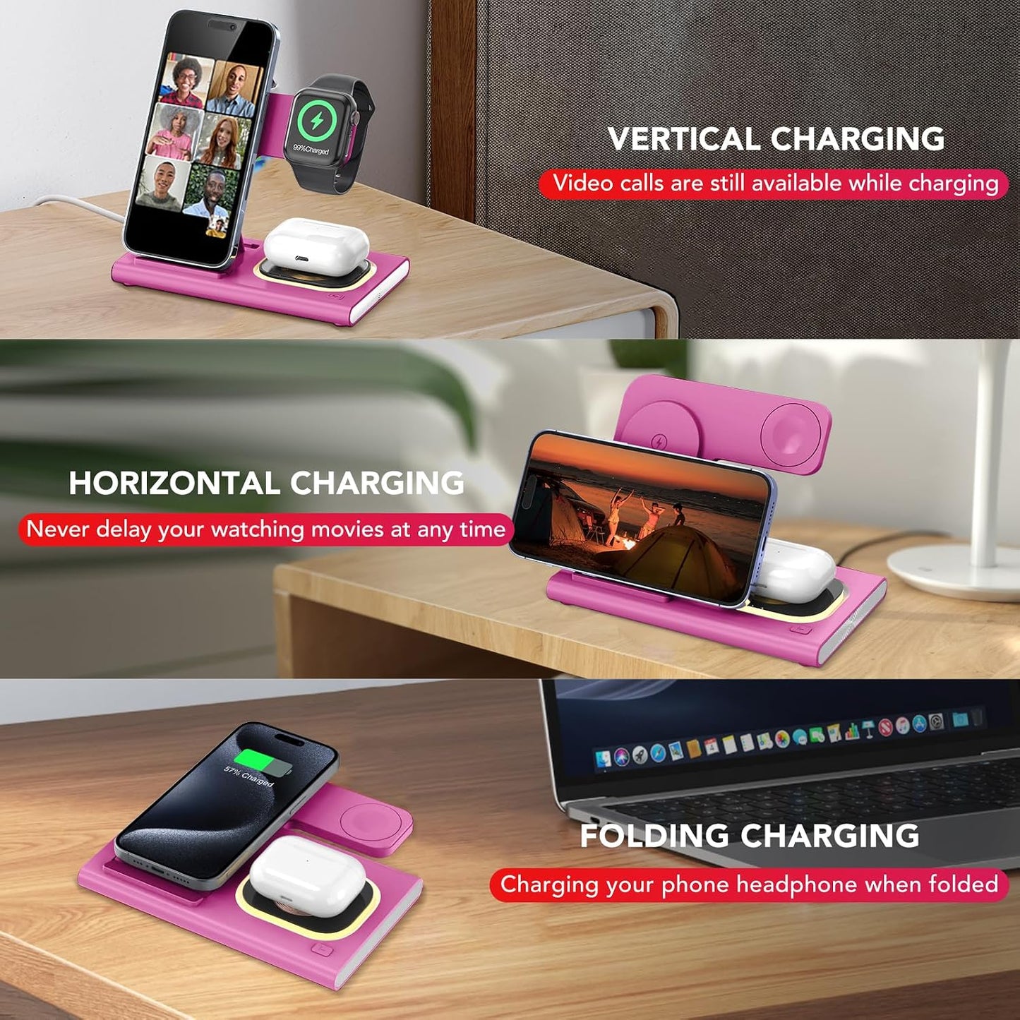 3 in 1 Foldable Wireless Fast Charging Station for Apple Multiple Devices | iPhone Charging Station for iPhone 17, Travel iWatch Charger Stand, Light Nightstand Charging Dock for Apple Watch/Airpods