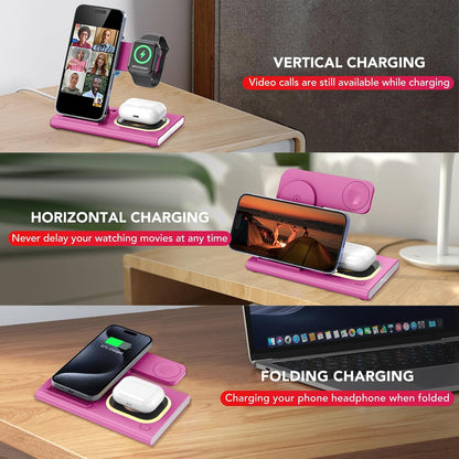 3 in 1 Foldable Wireless Fast Charging Station for Apple Multiple Devices | iPhone Charging Station for iPhone 17, Travel iWatch Charger Stand, Light Nightstand Charging Dock for Apple Watch/Airpods