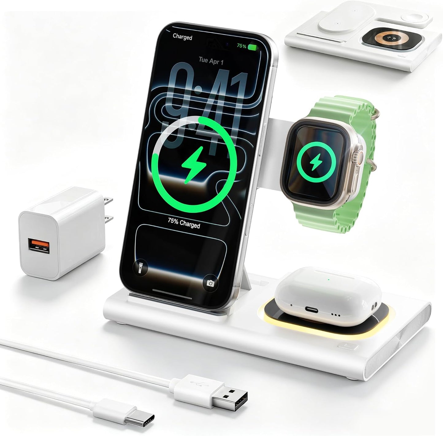 3 in 1 Foldable Wireless Fast Charging Station for Apple Multiple Devices | iPhone Charging Station for iPhone 17, Travel iWatch Charger Stand, Light Nightstand Charging Dock for Apple Watch/Airpods