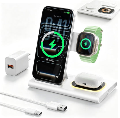 3 in 1 Foldable Wireless Fast Charging Station for Apple Multiple Devices | iPhone Charging Station for iPhone 17, Travel iWatch Charger Stand, Light Nightstand Charging Dock for Apple Watch/Airpods