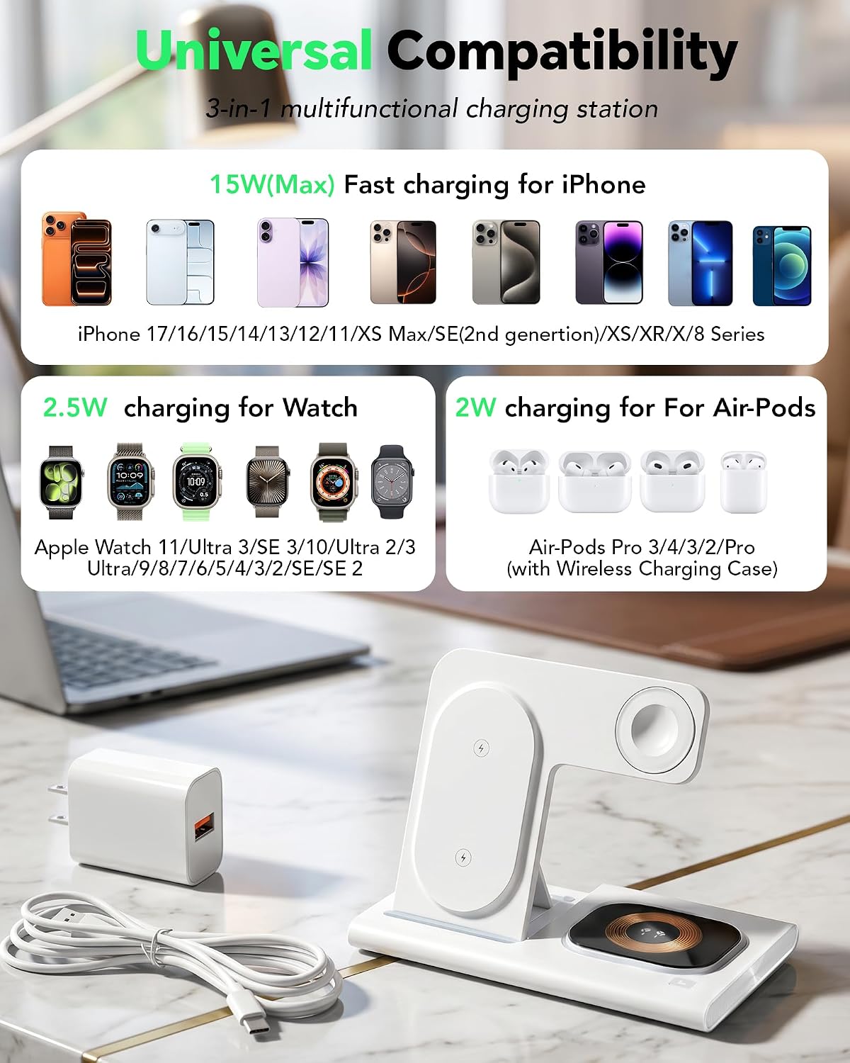 3 in 1 Foldable Wireless Fast Charging Station for Apple Multiple Devices | iPhone Charging Station for iPhone 17, Travel iWatch Charger Stand, Light Nightstand Charging Dock for Apple Watch/Airpods