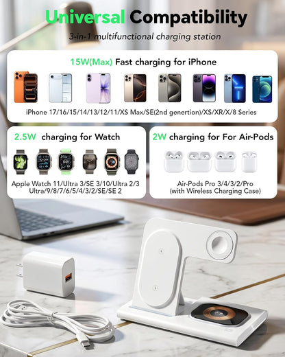 3 in 1 Foldable Wireless Fast Charging Station for Apple Multiple Devices | iPhone Charging Station for iPhone 17, Travel iWatch Charger Stand, Light Nightstand Charging Dock for Apple Watch/Airpods