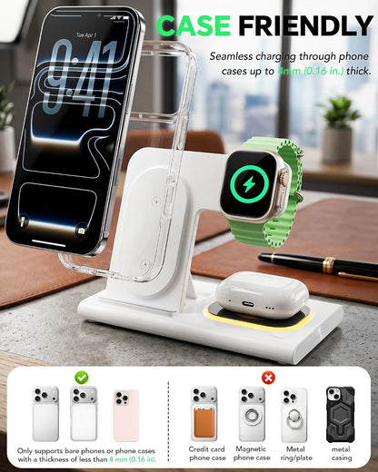 3 in 1 Foldable Wireless Fast Charging Station for Apple Multiple Devices | iPhone Charging Station for iPhone 17, Travel iWatch Charger Stand, Light Nightstand Charging Dock for Apple Watch/Airpods