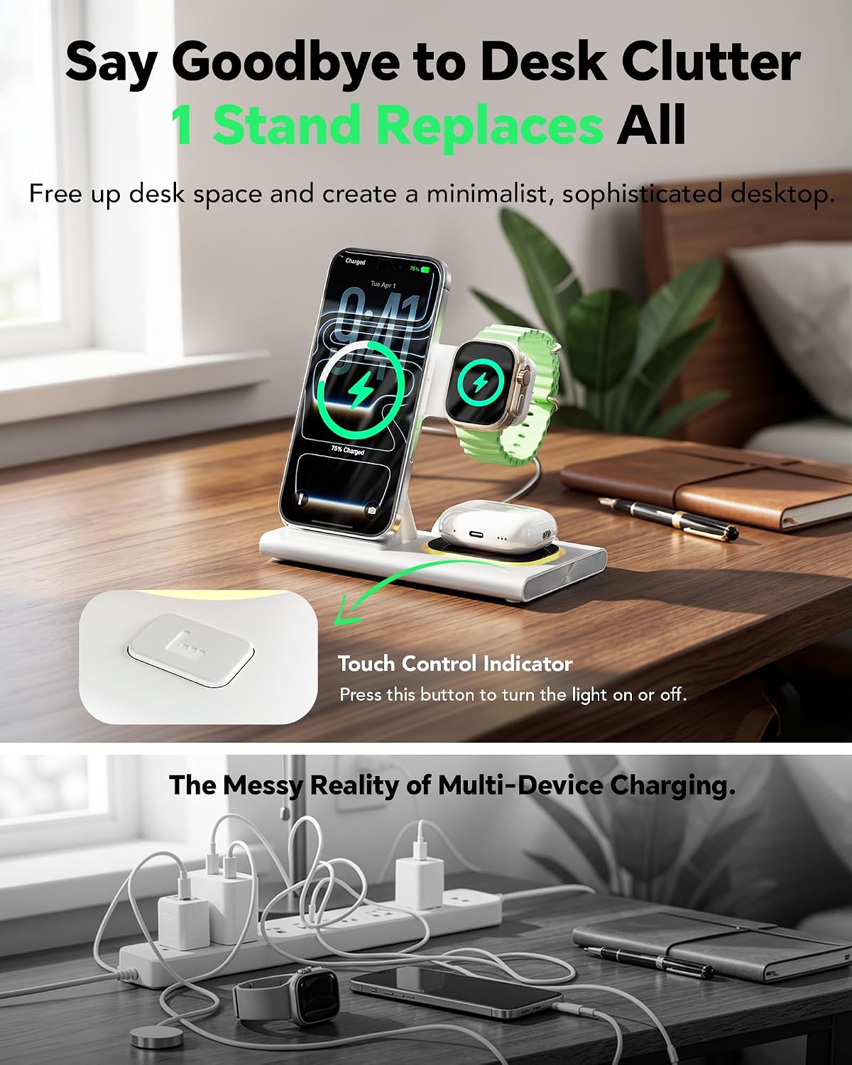 3 in 1 Foldable Wireless Fast Charging Station for Apple Multiple Devices | iPhone Charging Station for iPhone 17, Travel iWatch Charger Stand, Light Nightstand Charging Dock for Apple Watch/Airpods