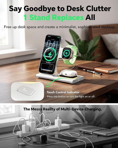 3 in 1 Foldable Wireless Fast Charging Station for Apple Multiple Devices | iPhone Charging Station for iPhone 17, Travel iWatch Charger Stand, Light Nightstand Charging Dock for Apple Watch/Airpods