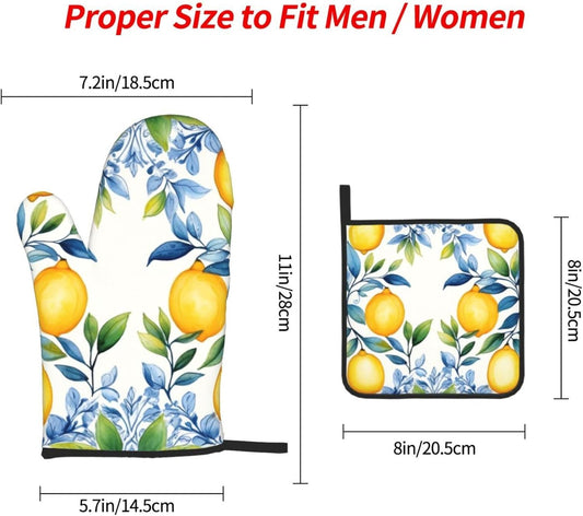Oven Mitts Pot Holder Set of 3 Pcs Heat Resistant Quilted Oven Gloves 2 Pcs, 1 Kitchen Hot Pad for Cooking Grilling Halloween Thanksgiving Christmas Decor Gift (Yellow Lemon)