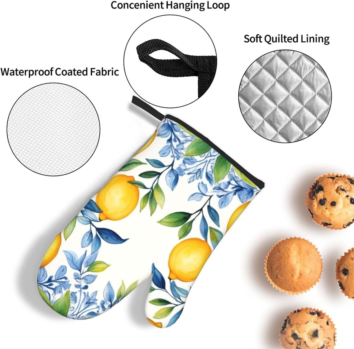 Oven Mitts Pot Holder Set of 3 Pcs Heat Resistant Quilted Oven Gloves 2 Pcs, 1 Kitchen Hot Pad for Cooking Grilling Halloween Thanksgiving Christmas Decor Gift (Yellow Lemon)