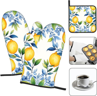 Oven Mitts Pot Holder Set of 3 Pcs Heat Resistant Quilted Oven Gloves 2 Pcs, 1 Kitchen Hot Pad for Cooking Grilling Halloween Thanksgiving Christmas Decor Gift (Yellow Lemon)