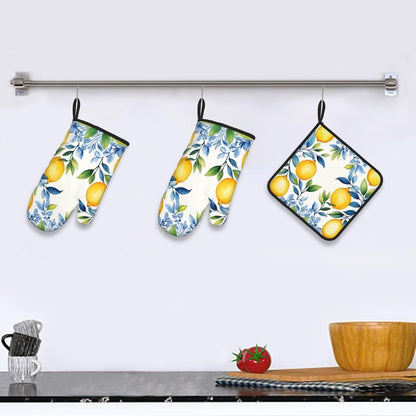 Oven Mitts Pot Holder Set of 3 Pcs Heat Resistant Quilted Oven Gloves 2 Pcs, 1 Kitchen Hot Pad for Cooking Grilling Halloween Thanksgiving Christmas Decor Gift (Yellow Lemon)