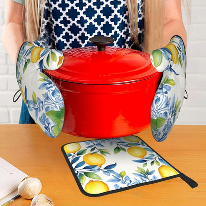 Oven Mitts Pot Holder Set of 3 Pcs Heat Resistant Quilted Oven Gloves 2 Pcs, 1 Kitchen Hot Pad for Cooking Grilling Halloween Thanksgiving Christmas Decor Gift (Yellow Lemon)