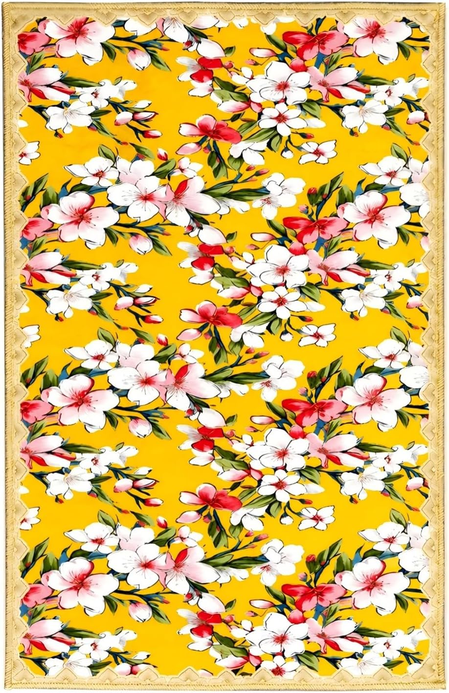 Living Room Rugs 5x7, Scalloped Lemon Yellow Boho Area Rug | Grandmillennial Floral Maximalism, Washable Pink White Cherry Blossom Botanical Non-Slip Carpet, Ideal for Bedroom, Farmhouse