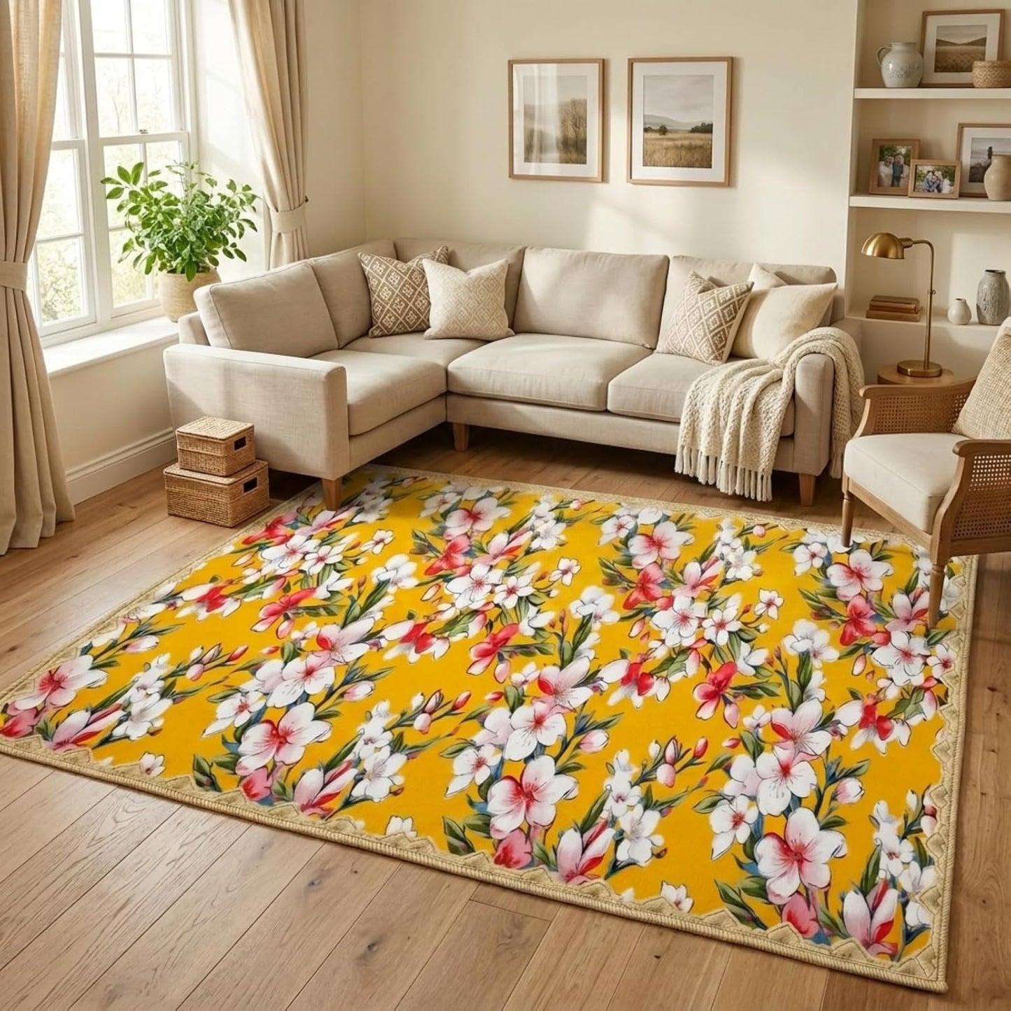 Living Room Rugs 5x7, Scalloped Lemon Yellow Boho Area Rug | Grandmillennial Floral Maximalism, Washable Pink White Cherry Blossom Botanical Non-Slip Carpet, Ideal for Bedroom, Farmhouse