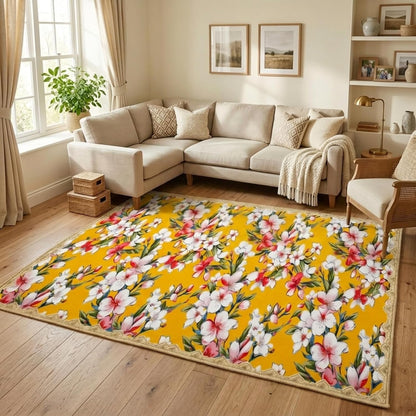 Living Room Rugs 5x7, Scalloped Lemon Yellow Boho Area Rug | Grandmillennial Floral Maximalism, Washable Pink White Cherry Blossom Botanical Non-Slip Carpet, Ideal for Bedroom, Farmhouse