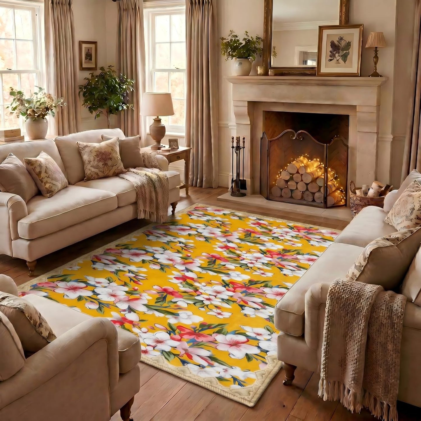 Living Room Rugs 5x7, Scalloped Lemon Yellow Boho Area Rug | Grandmillennial Floral Maximalism, Washable Pink White Cherry Blossom Botanical Non-Slip Carpet, Ideal for Bedroom, Farmhouse