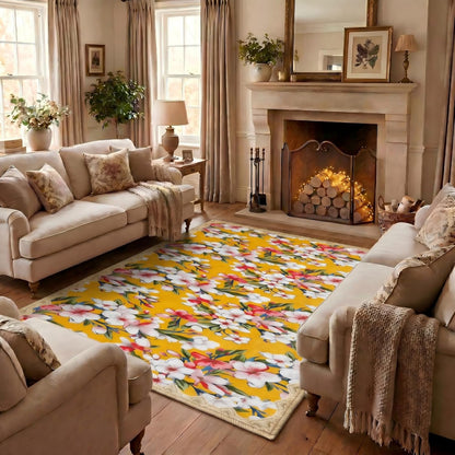 Living Room Rugs 5x7, Scalloped Lemon Yellow Boho Area Rug | Grandmillennial Floral Maximalism, Washable Pink White Cherry Blossom Botanical Non-Slip Carpet, Ideal for Bedroom, Farmhouse