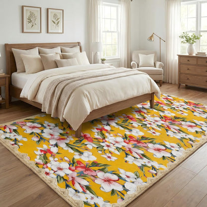 Living Room Rugs 5x7, Scalloped Lemon Yellow Boho Area Rug | Grandmillennial Floral Maximalism, Washable Pink White Cherry Blossom Botanical Non-Slip Carpet, Ideal for Bedroom, Farmhouse