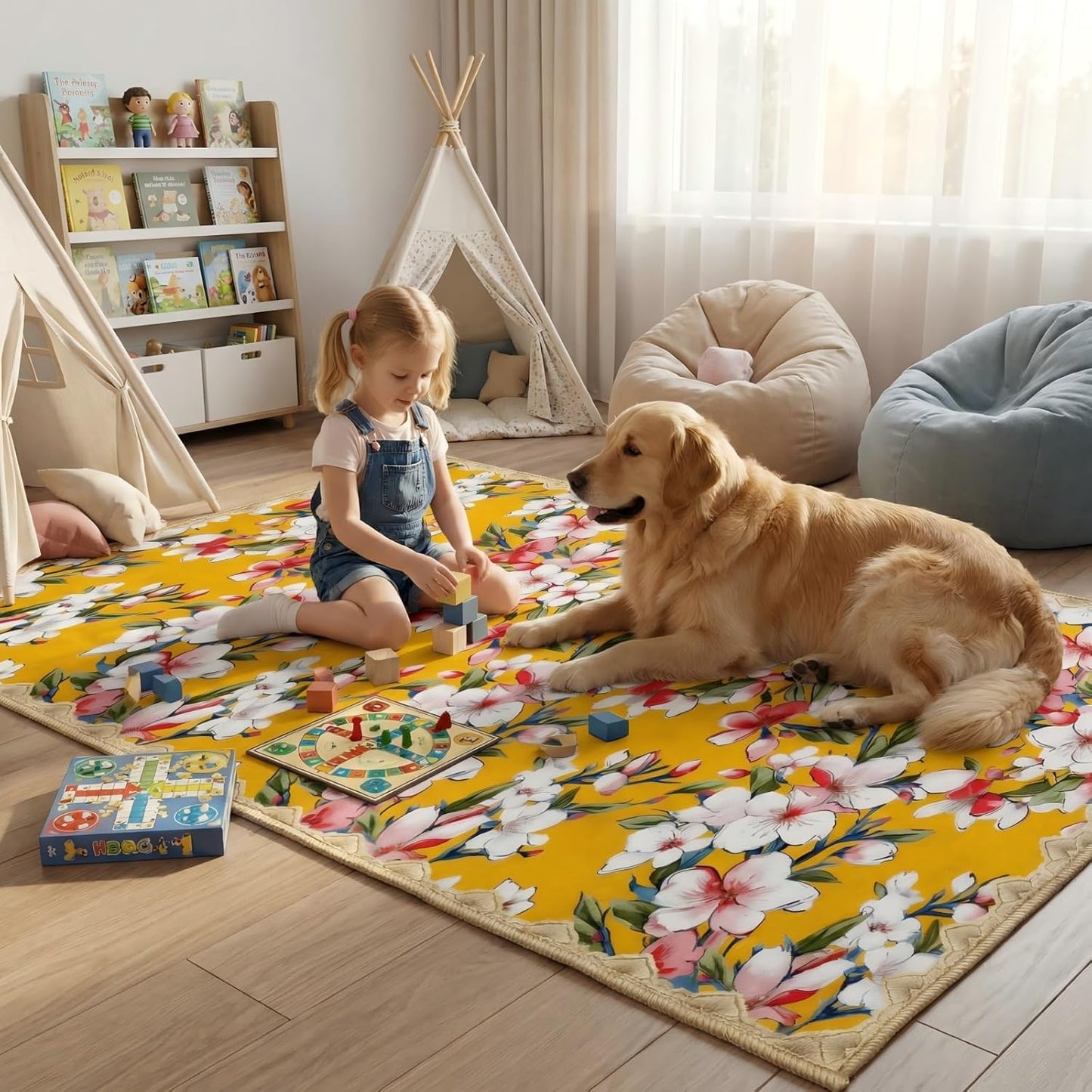 Living Room Rugs 5x7, Scalloped Lemon Yellow Boho Area Rug | Grandmillennial Floral Maximalism, Washable Pink White Cherry Blossom Botanical Non-Slip Carpet, Ideal for Bedroom, Farmhouse