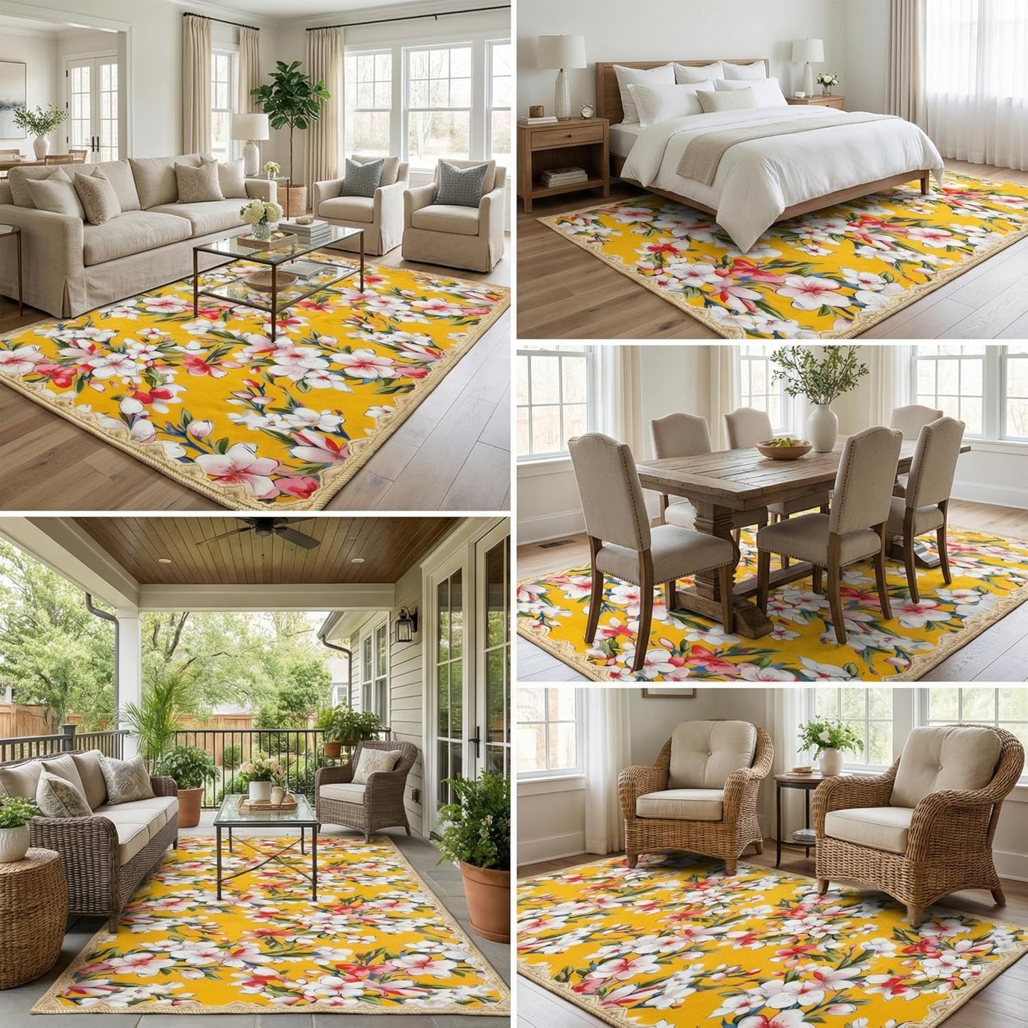 Living Room Rugs 5x7, Scalloped Lemon Yellow Boho Area Rug | Grandmillennial Floral Maximalism, Washable Pink White Cherry Blossom Botanical Non-Slip Carpet, Ideal for Bedroom, Farmhouse