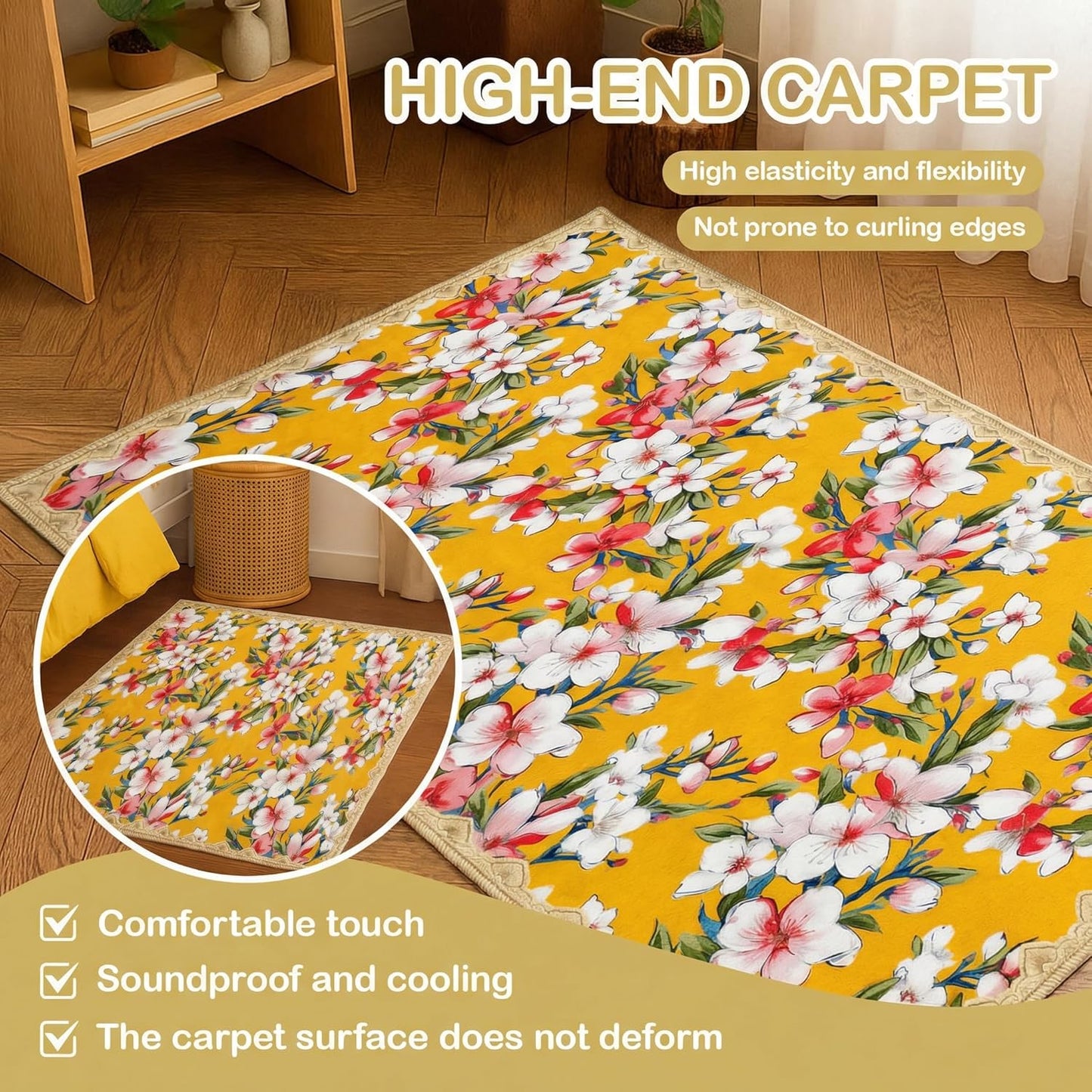 Living Room Rugs 5x7, Scalloped Lemon Yellow Boho Area Rug | Grandmillennial Floral Maximalism, Washable Pink White Cherry Blossom Botanical Non-Slip Carpet, Ideal for Bedroom, Farmhouse