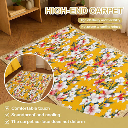 Living Room Rugs 5x7, Scalloped Lemon Yellow Boho Area Rug | Grandmillennial Floral Maximalism, Washable Pink White Cherry Blossom Botanical Non-Slip Carpet, Ideal for Bedroom, Farmhouse