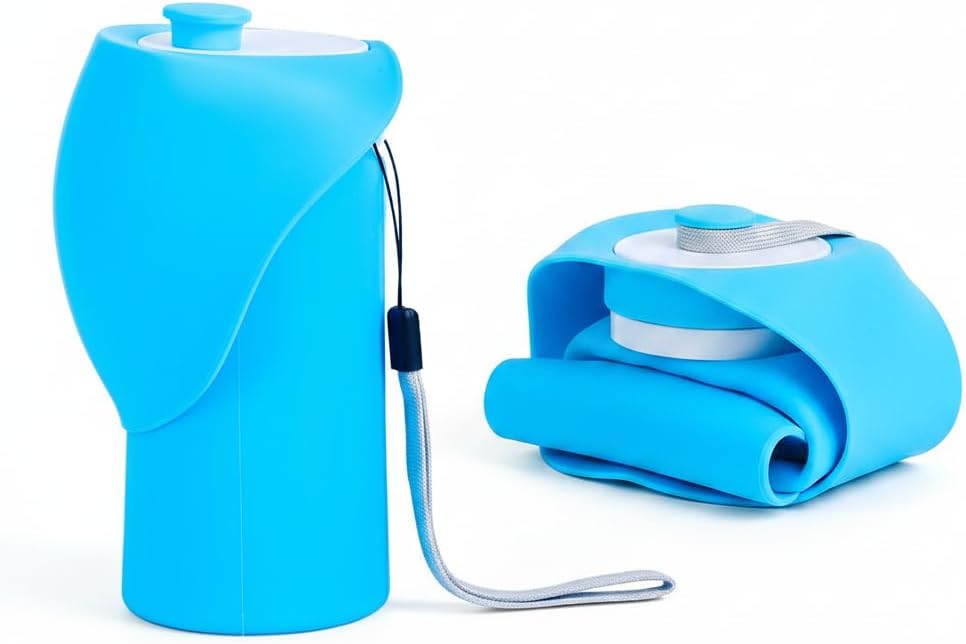 Portable Dog Water Bottle, 19 oz/550 ml Collapsible Pet Travel Cup with Foldable Silicone Bowl, Food-Grade Silicone Water Dispenser for Walking, Hiking & Travel, Yellow (Blue)