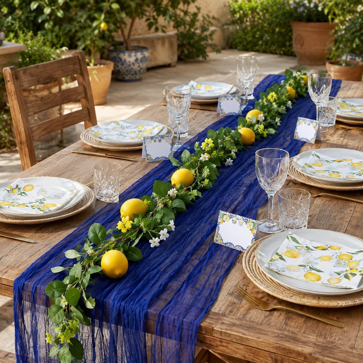 Amalfi Coast Inspired Lemon Party Decorations Set, Mediterranean Table Decor with Royal Blue Gauze Table Runner, 6.6 ft Lemon Garland, 20 Place Cards, 40 Paper Napkins for Summer Party Home Decor