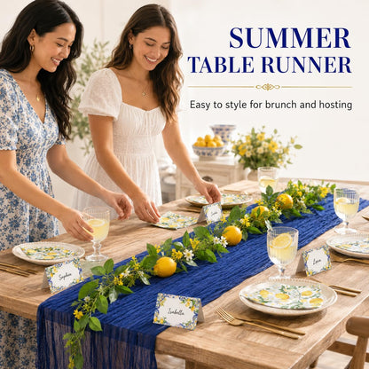 Amalfi Coast Inspired Lemon Party Decorations Set, Mediterranean Table Decor with Royal Blue Gauze Table Runner, 6.6 ft Lemon Garland, 20 Place Cards, 40 Paper Napkins for Summer Party Home Decor